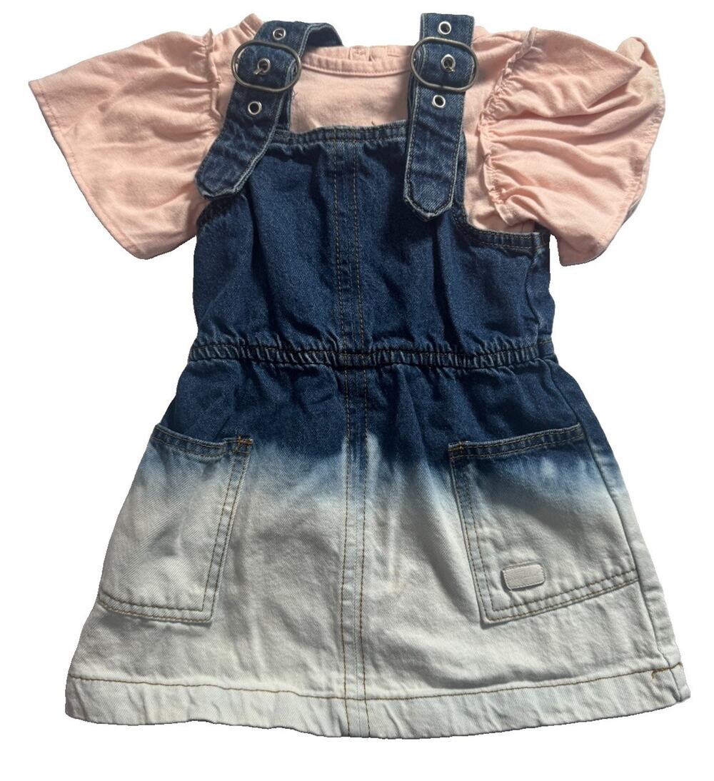 7 For All Mankind Girls 24M Pink Top Denim Jumper Dress Outfit 2 Piece Set